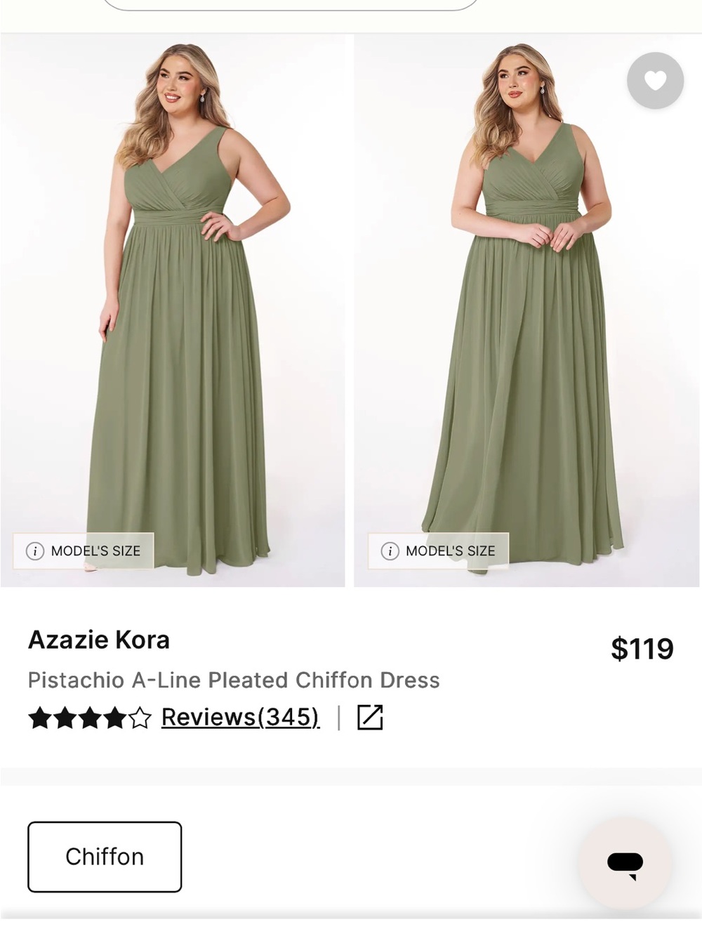 Azazie Pistachio Kora A-Line Pleated Chiffon Gown